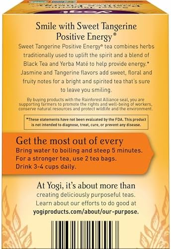 Yogi Sweet Tangerine Positive Energy Tea - 16 Tea Bags per Pack (6 Packs) - Organic Tangerine Energy Tea - Includes Black Tea Leaf, Yerba Mate Leaf, Ashwagandha Root & More