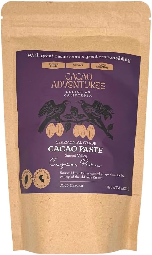 Cacao Adventures Ceremonial Cacao | Sacred Valley Peru 100% Pure Raw |Dairy Free & Vegan | Unsweetened | Ethically sourced and sustainably grown | Ceremony | Cusco Chuncho, 8 oz