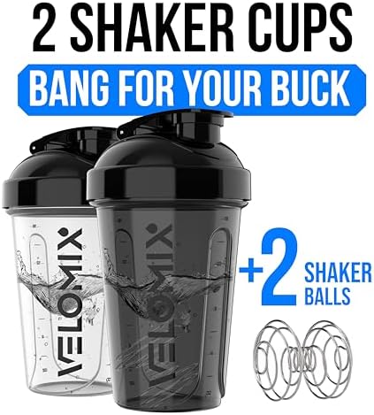 VELOMIX -2 Pack- 20 oz Protein Shaker Bottles for Protein Mixes - 2x Wire Whisk | Leak Proof Shaker Cups for Protein Shakes and Pre Workout | Protein Shaker Bottle Pack (Black/Transparent)