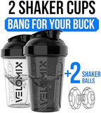 VELOMIX -2 Pack- 20 oz Protein Shaker Bottles for Protein Mixes - 2x Wire Whisk | Leak Proof Shaker Cups for Protein Shakes and Pre Workout | Protein Shaker Bottle Pack (Black/Transparent)