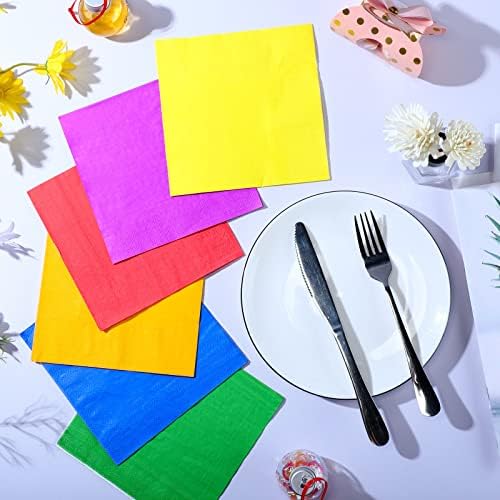 Sherr 240 Pcs Multicolor Lunch Napkins Disposable Rainbow Party Supplies Neon Pastel Paper Cocktail Beverage Napkins 2 Ply for Birthday Pride Fiesta, 13x13 Inch (Bright Color)
