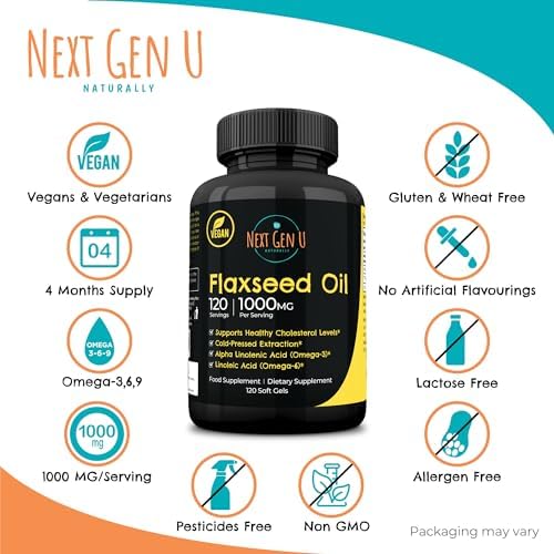 Flaxseed Oil Capsules - 1000 mg - 120 Vegan Soft Gels - High in Omega 3, 6, 9 - Cold Pressed Flax Seed Formula - 4 Months Supply - by NextGenU