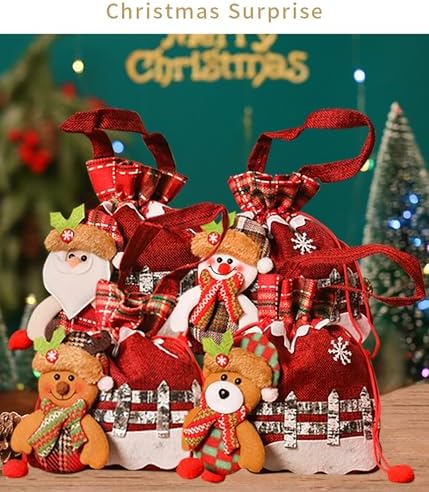 8 Pcs Christmas Gift Bags With Drawstring,Cute Bear Santa Claus Snowman Apple Bags Christmas Candy Storage Pack For Festival Party