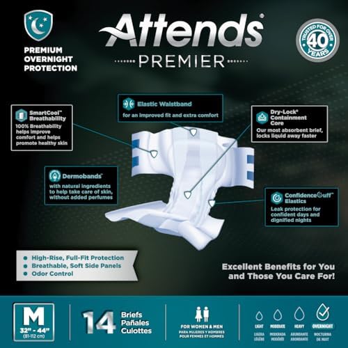 Attends Premier SmartCool® Adult Briefs, Medium 32–44" Waist, High-Rise Tab Closure, Premium Overnight Dry-Lock Protection, Breathable Materials, Odor Control, 56 ct Case