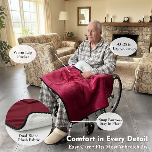 Wheelchair Lap Blanket for Seniors, 43" * 28" Soft Sherpa Lined Knee & Lap Cover, Warm Lightweight Throw with Snap Buttons, Cozy Comfort for Elderly & Caregivers, Wine Red