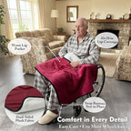 Wheelchair Lap Blanket for Seniors, 43" * 28" Soft Sherpa Lined Knee & Lap Cover, Warm Lightweight Throw with Snap Buttons, Cozy Comfort for Elderly & Caregivers, Wine Red