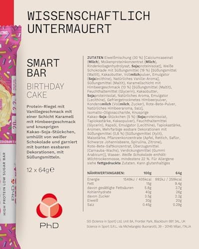 PhD Smart Bar-High Protein Low Sugar Bar, Birthday Cake, 64 g, Pack of 12