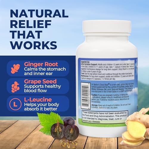 Dizzy Stop Dr. Barton's Vertigo Relief Products with Ginger and Grape Seed - Non-Drowsy Motion Sickness Pills for Dizziness Relief and Inner Ear Balance - 80 Count