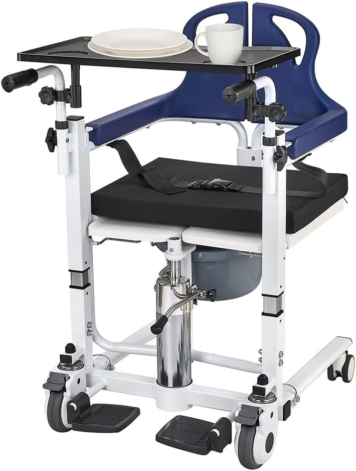 Patient Transfer Lift Chair, 350 lb Capacity, 180° Split Seat, Hydraulic Commode Wheelchair for Elderly, Bed to Toilet