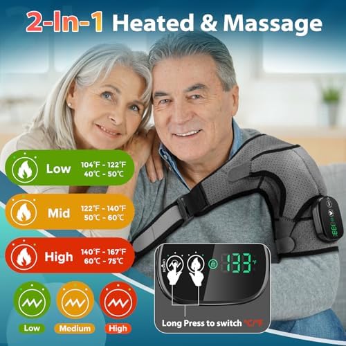 Cordless Portable Shoulder Heating Pad & Massager, Heating Vibration Shoulder Wrap, Shoulder Brace for Pain Relief, Rotator Cuff Support for Men & Women, Black&Grey