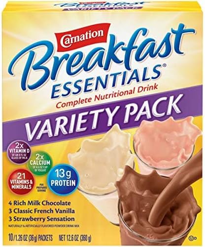 Nestle Carnation Breakfast Essentials Complete Nutritional Drink Rich Milk Chocolate/Classic French Vanilla/Strawberry Sensation Flavor 10 Ct