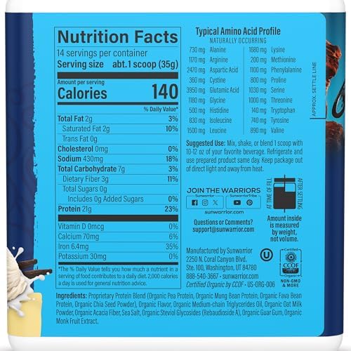 SUNWARRIOR Organic Vanilla Warrior Blend Performance Protein, 17.5 OZ