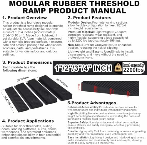 4 Piece Modular Rubber Threshold Ramp 1 to 4 Inch Rise Adjustable Doorway Ramp with Non Slip Grooved Surface for Wheelchair Scooter Cart Garage Entry Indoor Outdoor Use, 8000lbs