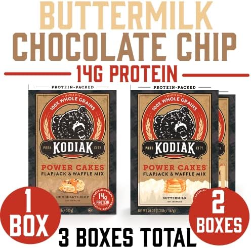 Kodiak Cakes Power Cakes Variety Pack - Protein Pancake Mix Just Add Water - 100% Whole Grain Flapjack and Protein Waffle Mix - Buttermilk (2, 20oz) and Chocolate Chip (1, 18oz) Pancake Mix Bulk
