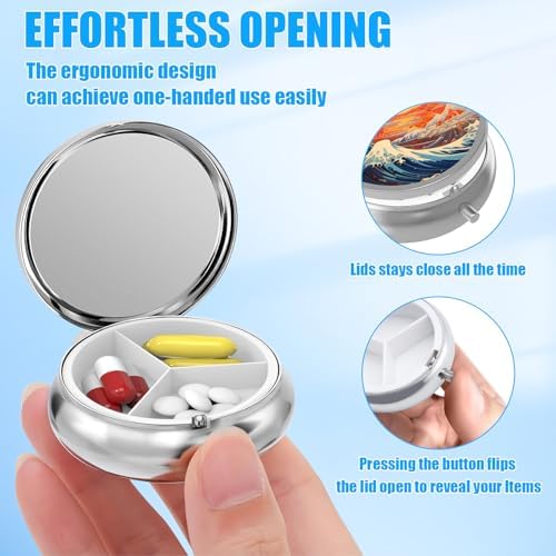 Pill Box, 3 Compartments Small Pill Case Travel Portable Metal Medicine Box with Mirror Mini Container for Purse Pocket Women Men(Great Wave Sunset)