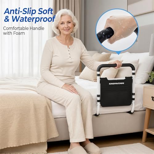 Bed Rails for Elderly Adults Safety - ASTM Approved 2026 Upgrade Adjustable Bed Cane with Non-Slip Ergonomic Handle & Storage Pocket, Bed Railings for Seniors Load 380 LBS, Tool-Free, Model BM03-1