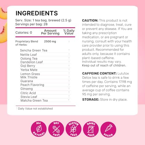 LULUTOX Detox Tea - Herbal Blend with Dandelion, Ginseng, and Ginger - Supports A Healthy Weight, Digestive Health - Vegan, All Natural, Laxative-Free - Peach Flavor (28 Servings)