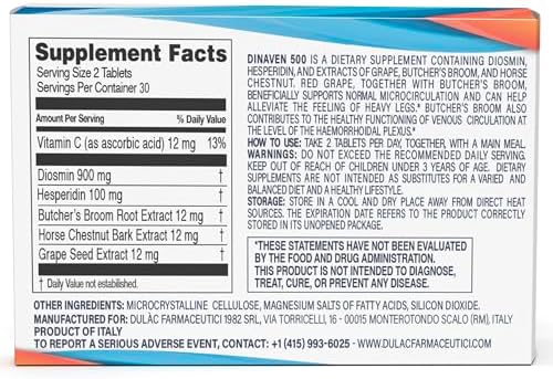 Dulac Dinaven 500, Micronized Diosmin Hesperidin Dietary Supplement 1000mg per serving, Horse Chestnut Extract, Butcher’s Broom & Red Grape Extract, Leg Circulation Support, 60 Tablets, Made in Italy