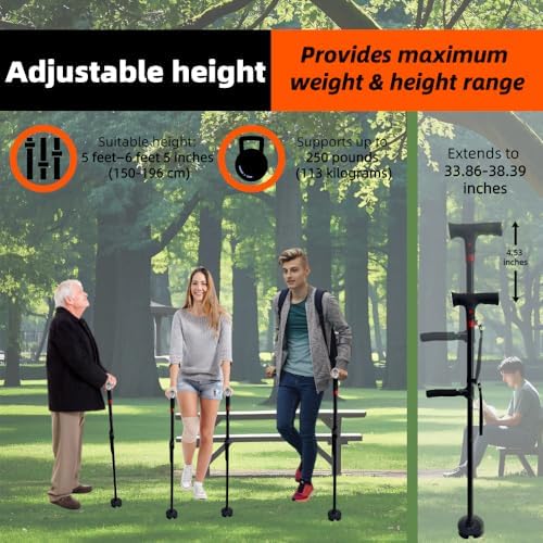 Folding Walking Cane for Men & Women-Lightweight Adjustable Walker Cane with Non-Slip Handle,360° Rotating Base,LED Light, Emergency Alarm Button & Wrist Strap-Senior Canes for Daily Walking