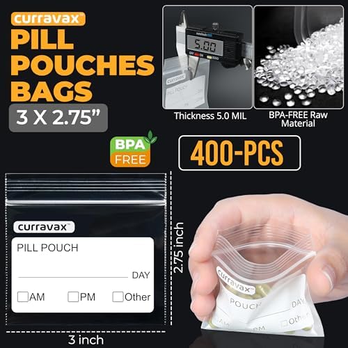 Pill Bags for Travel Pill Pouch Organizer Pack of 400 BPA Free 3 x 2.75 inch Pill Pouches for Medicine Reusable with Write on Label & Waterproof Zipper Seal AM PM Pill Baggies for Vitamins by CURRAVAX