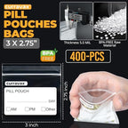 Pill Bags for Travel Pill Pouch Organizer Pack of 400 BPA Free 3 x 2.75 inch Pill Pouches for Medicine Reusable with Write on Label & Waterproof Zipper Seal AM PM Pill Baggies for Vitamins by CURRAVAX