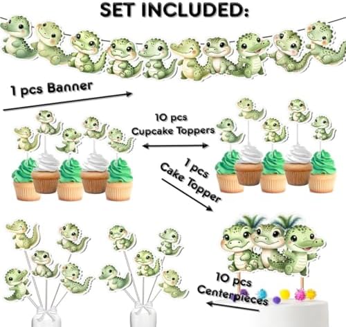 Complete Crocodile Party Set - Includes Cake Toppers, Cupcake Toppers, Banner, and Centerpieces for Jungle-Themed Kids Birthdays and Baby Showers