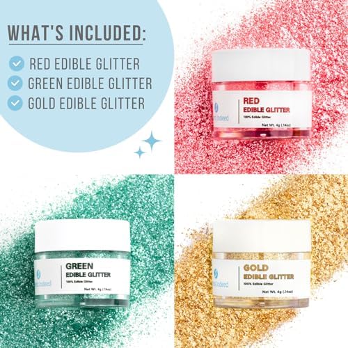 Sweets Indeed Christmas Edible Glitter, 3 Pack, Red Green and Gold, Perfect for Drinks, Cocktails, Beverages & Cake Decorating, Dessert Cake Topper, 4 grams