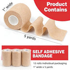 12 Pack Self-Adhesive Athletic Bandage Wrap 1 Inch x 5 Yards White Elastic Cohesive Sports Tape Breathable for Wrist, Ankle, Knee Support - Ideal for Athletics, Workouts & Injury Recovery