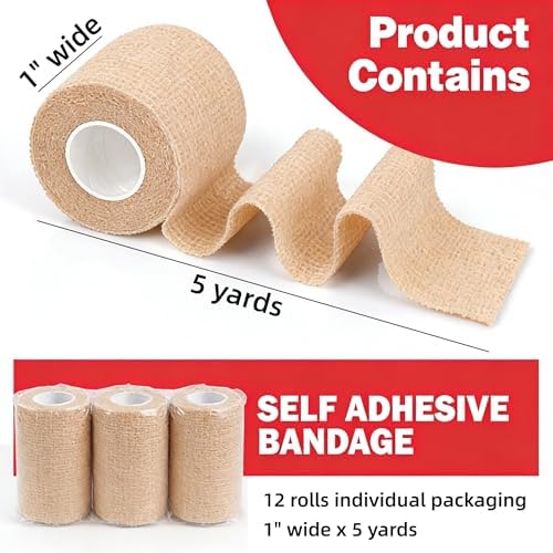 12 Pack Self-Adhesive Athletic Bandage Wrap 1 Inch x 5 Yards White Elastic Cohesive Sports Tape Breathable for Wrist, Ankle, Knee Support - Ideal for Athletics, Workouts & Injury Recovery