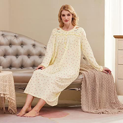 Keyocean Nightgowns for Women, Soft Cotton Comfy Lightweight Embroidered Long-sleeve Nightdress