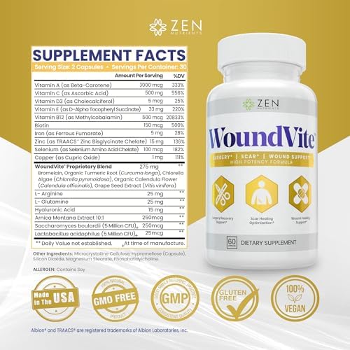 Zen Nutrients WoundVite Pre & Post Surgery Support, Scar & Wound Care, Scar Treatment, Plastic & General Surgery, Heal Faster & Aids in Recovery Time w/Bromelain, Turmeric & Arnica - 60 Vegan Caps
