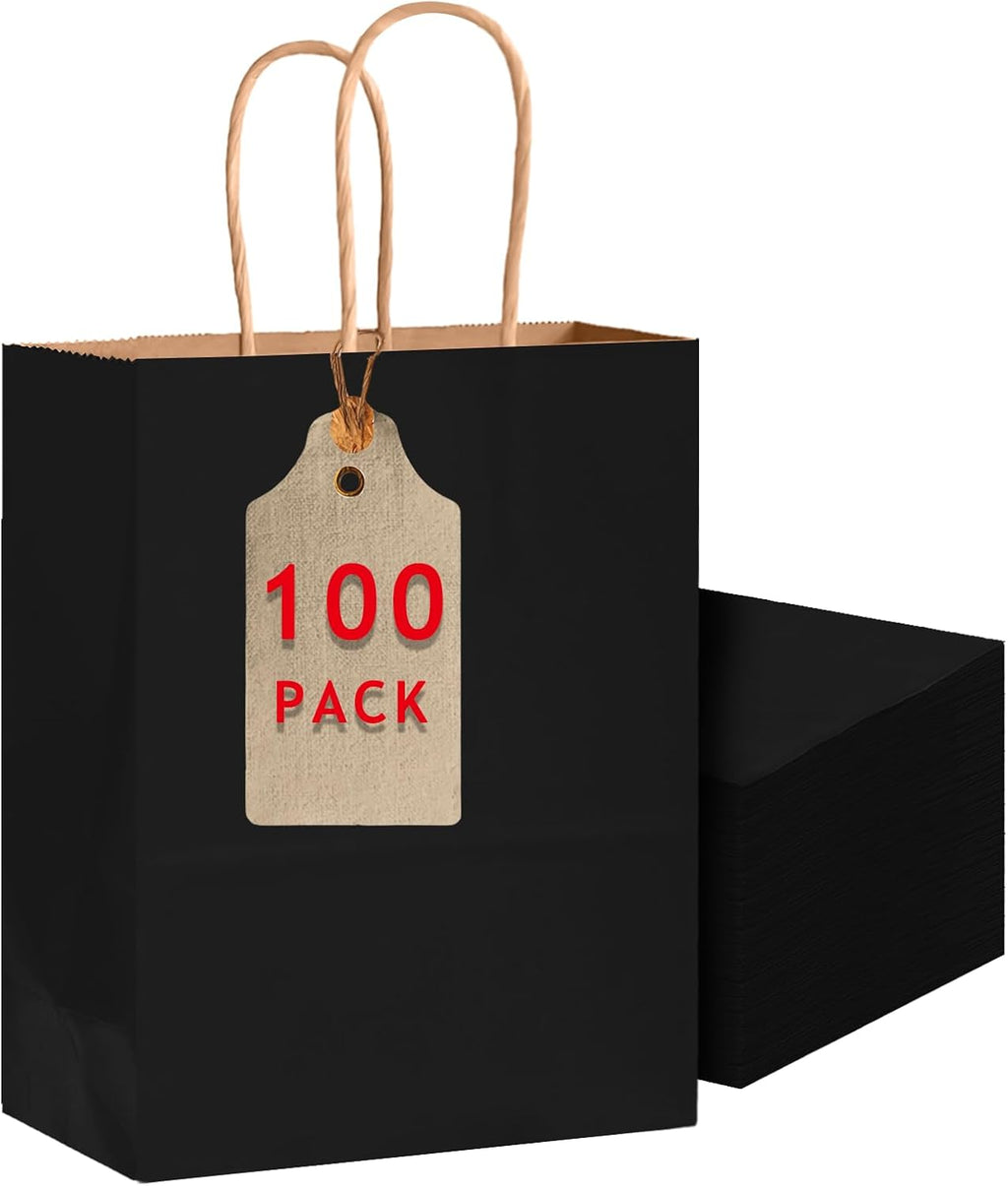 Bakepacker 100-Pack Large Size Gift Paper Bags with Handles Bulk 13"x10.3"x4.6" Black Party Kraft Shopping Bags