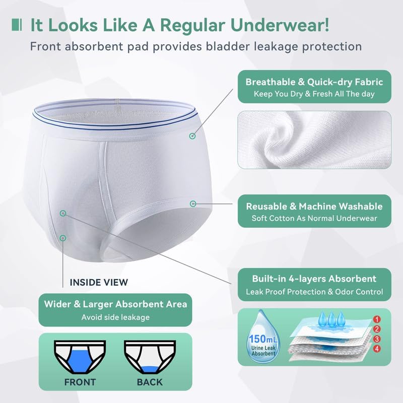 Incontinence Underwear for Men 2 Pack Washable Mens Incontinence Briefs with Front Absorbent Area Leak Proof Underwear for Men Reusable Urinary Incontinence Underwear (White, M)