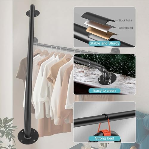 1 FT Pipe Stair Handrail, Black Metal Staircase Handrail, Galvanized Industrial Iron Hand Rail for Indoor Stairs and Wall Mount Support
