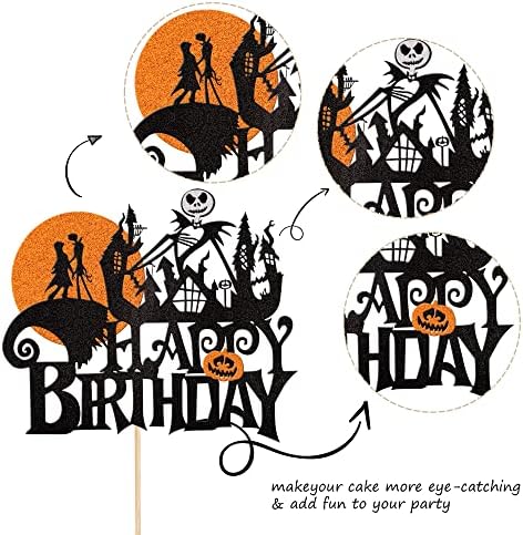 1 PCS Jack and Sally Pumpkin Bat Castle Ghost Cake Topper - Glitter Halloween Cake Pick for Kids Birthday Party & Baby Shower