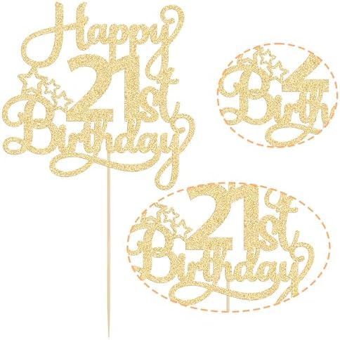 Ephlyn 1 Pack Gold Glitter 21st Birthday Cake Topper - Fabulous Cheers to 21 Years Old - Perfect for 21st Birthday Party & Anniversary Cake Decorations