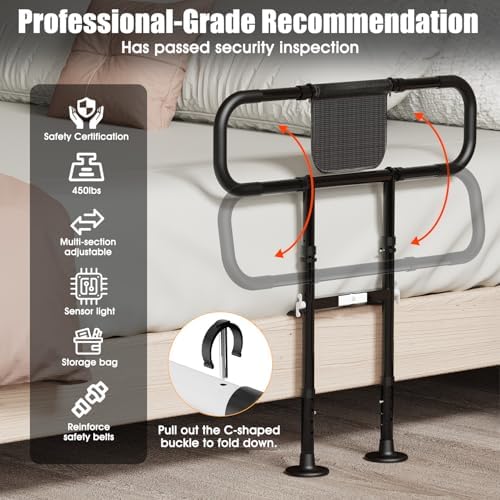 Zelvia Bed Rails for Elderly Adults Safety with Motion Light & Storage Pouch - Retractable & Foldable Bed Handrails Assist Bedrails for Seniors, Surgery Patients & Handicap (Black)