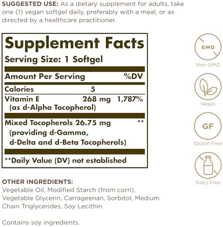 Solgar Vitamin E 268 mg (400 IU) - 100 Vegan Softgels - Naturally Sourced - Non-GMO, Gluten Free - 100 Servings