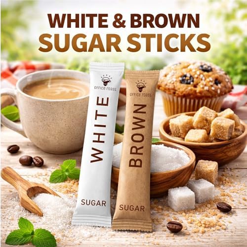 Office Roast Sugar Sticks Variety Pack – 400 Total (200 White Sugar Sticks + 200 Brown Sugar Sticks) – Individually Wrapped Coffee Sweeteners for Office, Café, Restaurant & Hotel Use & House Packets