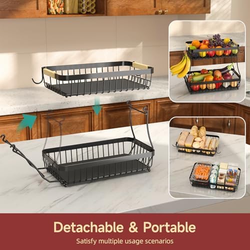 2 Tier Large Fruit Basket for Kitchen Counter with 2 Mobile Banana Hangers, 2026 Pro Detachable Metal Fruit Bowl with Wooden Handle, Fruit Holder for Bread Snack Veggies with Protective Mats