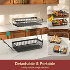 Sevenblue 2 Tier Large Fruit Basket for Kitchen Counter with 2 Mobile Banana Hangers, 2026 Pro Detachable Metal Fruit Bowl with Wooden Handle, Fruit Holder for Bread Snack Veggies with Protective Mats