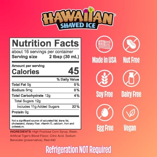 Hawaiian Shaved Ice Syrup Pint, Tiger's Blood Flavor, Great For Slushies, Italian Soda, Popsicles, No Refrigeration Needed, Contains No Nuts, Soy, Wheat, Dairy, Starch, Flour, or Egg Products