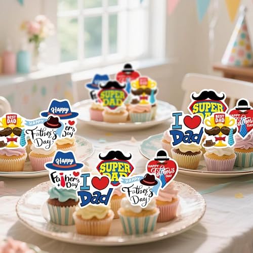 48 Pcs Edible Happy Fathers Day Cupcake Toppers Picks Happy Father's Day Theme Men Birthday Party Cake Decorations Supplies
