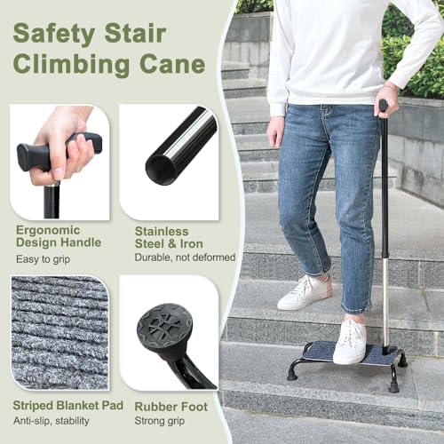 Stair Climbing Cane Lifts for Seniors Half Step Climbing Aid Walker Elevator Stairs Assist Elderly Standing Helper 4 Prong Large Base Quad Walking Sticks Adjustable Stability Balance Devices