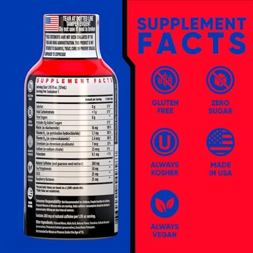 Vitamin Energy Burner+ Extra Strength Energy Shot Pomegranate Açaí 8 Pack, 260mg Natural Caffeine, 25mg Ketones, Green Tea, EGCG, Metabolism, Endurance, Zero Sugar, Gluten-Free, Vegan, 1.93 fl oz