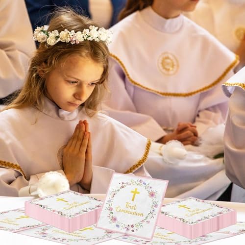 First Communion Napkins Decorations, 40Pcs Pink Communion Napkins God Bless Baptism Birthday Supplies Paper Napkins for Christening Celebration Baby Shower Communion Party Supplies