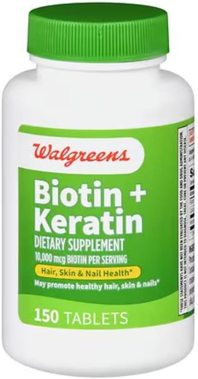Walgreens Biotin + Keratin | 150 Count Tablets | 10mg of Biotin + 100mg of Keratin | Hair, Skin, and Nail Support Supplement