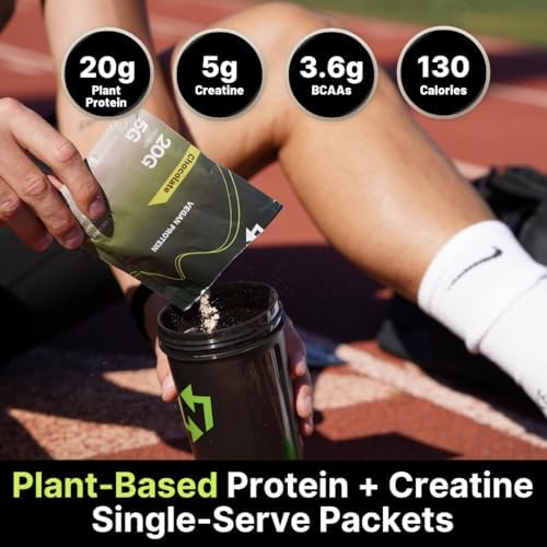 Nutrition On The Go Vegan Protein Powder Packets with Creatine – 20g Plant Proteins + 5g Creatine – Single-Serve Travel Protein Powder – All-Natural, Gluten-Free – Chocolate – (6-Pack)
