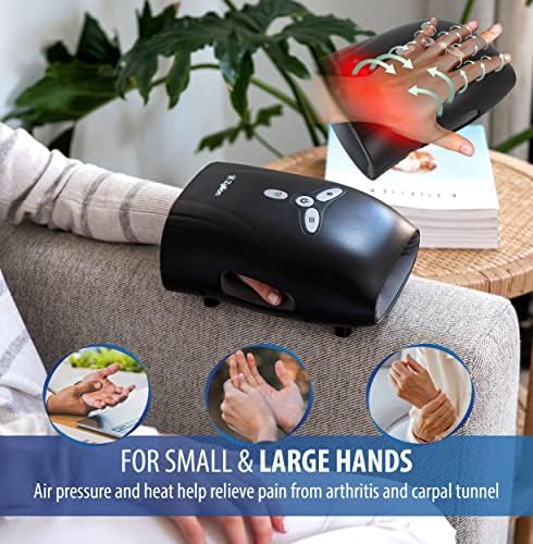 Zyllion Rechargeable Hand Massager with Heat - Cordless Electric Compression Massage with Vibration for Arthritis, Carpal Tunnel Syndrome, Muscle Pain Relief, Black, ZMA-29
