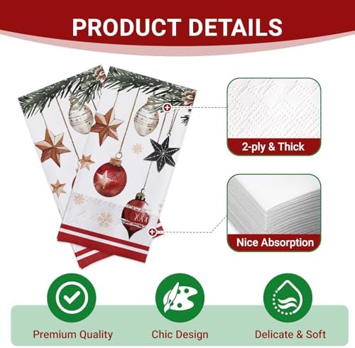 100 PCS Christmas Balls Disposable Paper Napkins, Xmas Pine Cone Needle Bathroom Hand Towels Decorative Dinner Guest Napkin, Winter Holiday Snowflake Kitchen Dinning Table Party Decor 8 x 4 In